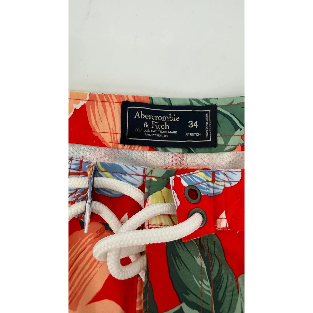 New Abercrombie Fitch Men Red Floral Swim Trunks Shorts Size 34 7 Inseam Stretch